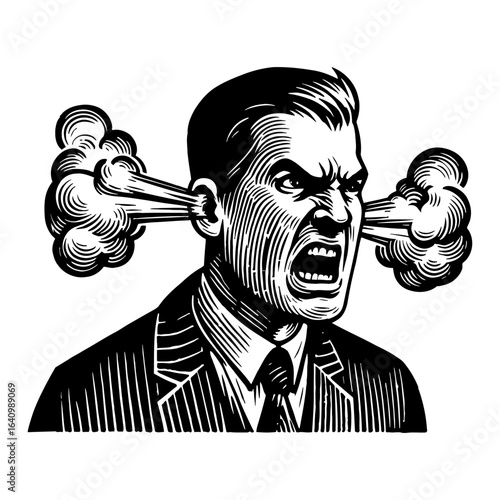 Angry Man Shouting with Steam from Ears Black and White Outline Line Art Drawing in Vintage Engraving Style