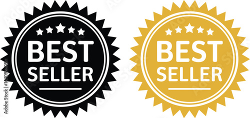 Sixteen golden best seller award seals. A vector set of circular laurel wreath badges with crowns and stars on a white background.