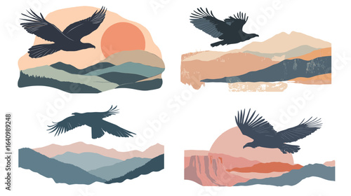 A striking silhouette of a condor gliding gracefully over a vast landscape, with outstretched wings and majestic posture, symbolizing freedom, power, and the grandeur of nature, ideal for wildlife 