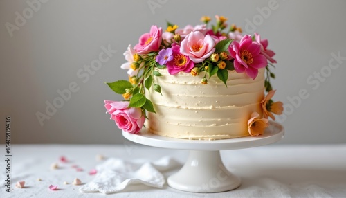 white cake stand with flower garland, spring, no people, no text, no logo