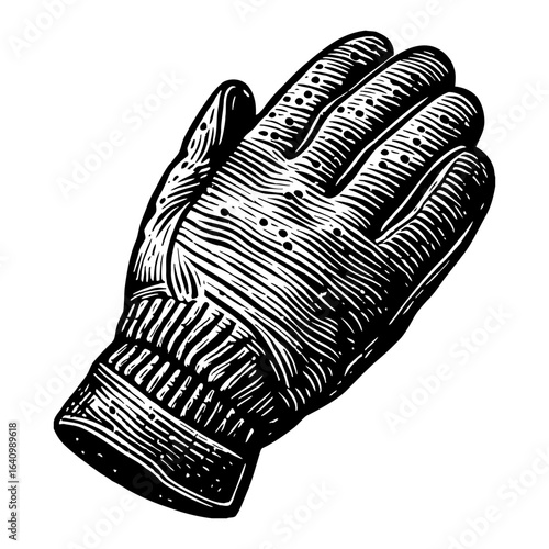 Detailed Retro Style Single Perforated Glove Black and White Outline Line Art Drawing Isolated Object