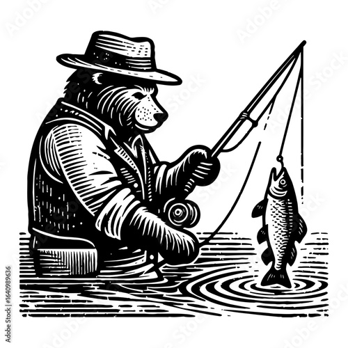 Stylized Fishing Bear Wearing Hat Catching Fish Black and White Outline Line Art Drawing Engraved Illustration