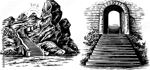 Vintage engraved illustration set of amphitheatre wall and stone stairway design for posters and cards