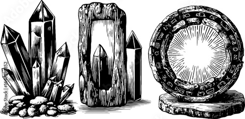Mystical arcane portal and crystal frame engraving for fantasy design