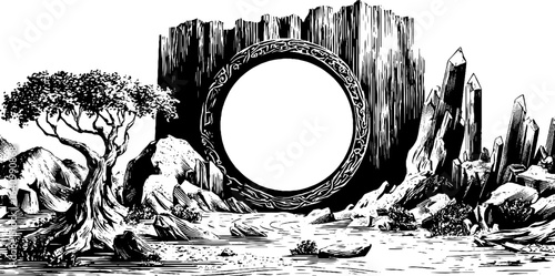 Enchanted landscape with arcane portal frame for fantasy design