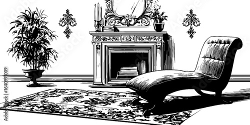 Vintage art deco fireplace scene with chaise lounge and ornate details for retro interior design