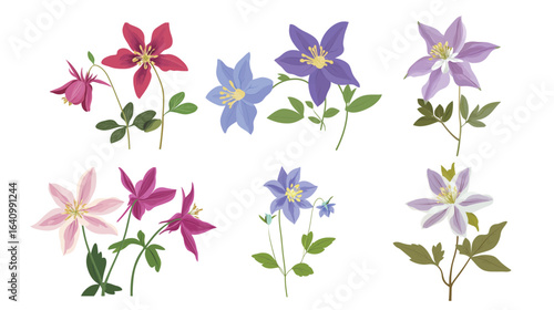 Aquilegia flower isolated on white background with delicate petals and intricate details, showcasing the unique shape and vibrant colors of this beautiful bloom, perfect for botanical illustrations, 