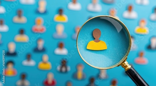 Magnifying glass focuses on a person icon in a crowd of diverse icons