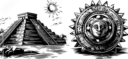 Aztec step pyramid and sun stone engraved illustration set for history and culture design