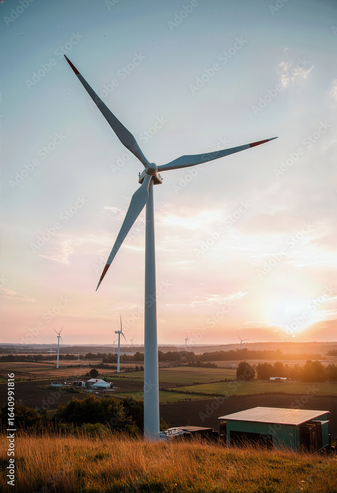 Obraz premium A majestic wind turbine stands tall against a stunning sunset, a powerful symbol of renewable energy, sustainability, and a clean, green future for our planet. 