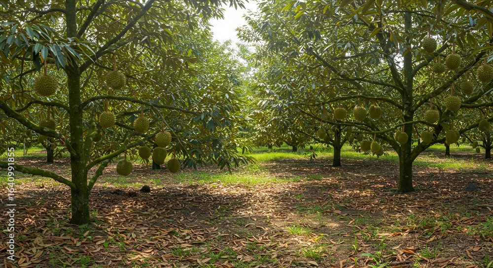 Fototapeta premium Wide shot of durian trees in a plantation, misty early morning atmosphere