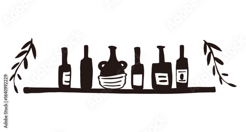 Silhouette illustration of wine bottles on a shelf./ 棚に置いてあるワインのシルエットイラスト。ラベルあり。