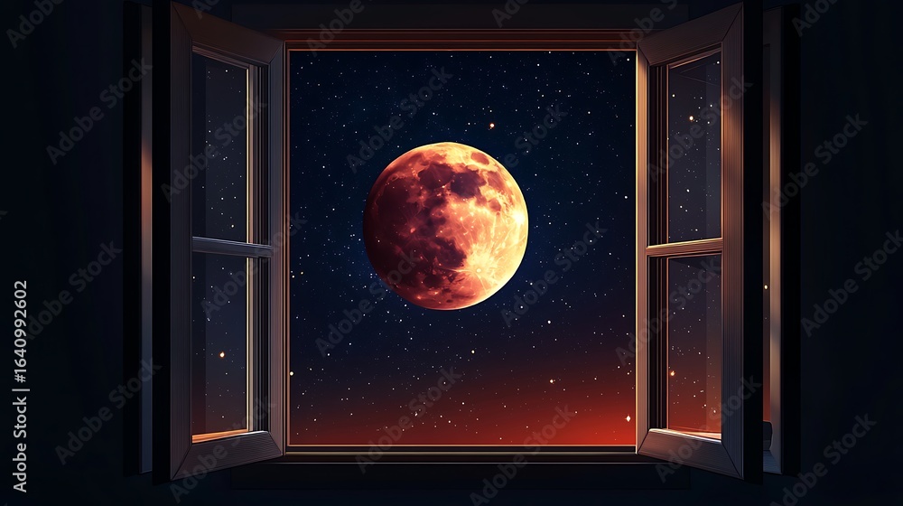 Obraz premium Red moon through window at night