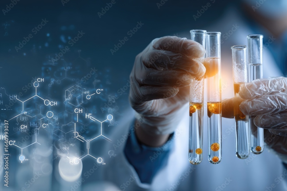Scientist in lab coat, wearing gloves, handling test tubes with liquid and particles Scientist in lab coat, wearing gloves, handling test tubes with liquid and particles