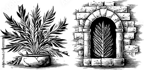 Byzantine mosaic inspired engraving of arch window and plant - vintage design for art and decor