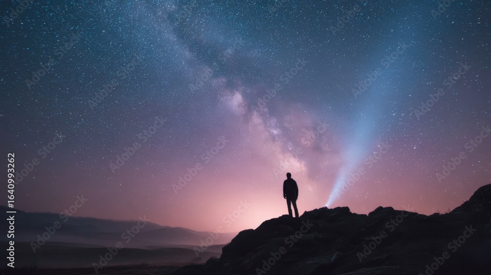 Fototapeta premium Man Silhouette Under Milky Way: Exploring Universe, Contemplation, Achieving Goals, Adventure, Future Concept