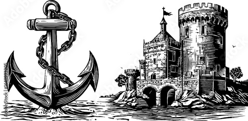 Engraved illustration set of castle with drawbridge and anchor for retro design