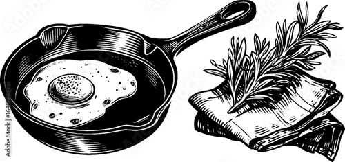 Engraved illustration set of cast iron skillet with fried egg and herbs for kitchen decor