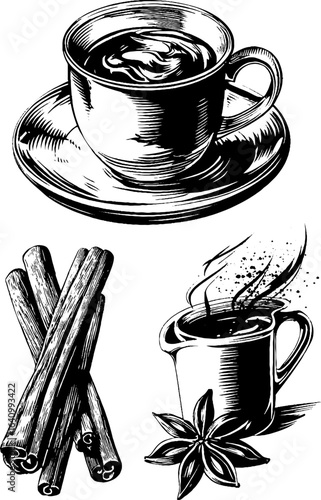 Engraved illustration set of chai latte cup with cinnamon and star anise for cafe menu design