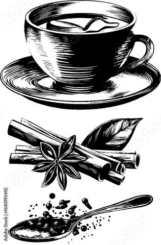Vintage engraved illustration of chai latte elements for design
