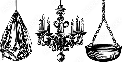 Vintage engraved illustration of crystal chandeliers and pendant lights for decor design