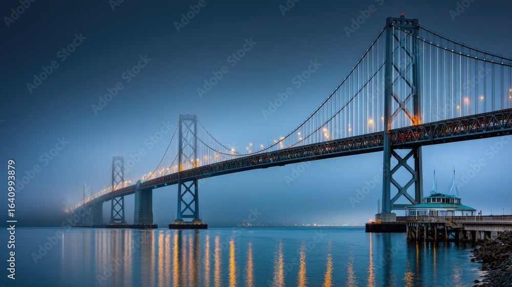 Fototapeta premium Majestic Bridge at Dawn with Fog and City Lights Reflecting on Water Surface in Tranquil Scene