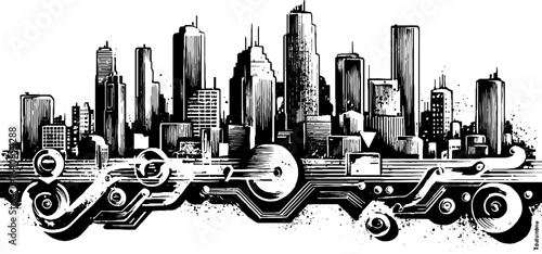 Futuristic cyberpunk cityscape with engraved technology border for retro design