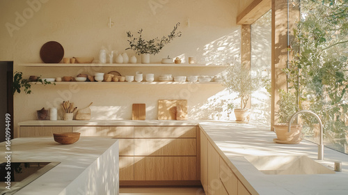 A bright, minimalistic kitchen bathed in natural light. The design features clean lines, white and light beige tones, and smooth matte finishes. 