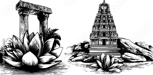 Engraved illustration set of dravidian temple and lotus scene - architectural heritage design