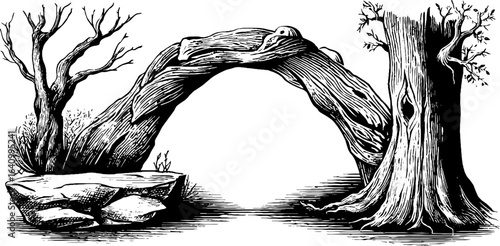 Fantasy elven branch bridge in nature - vintage hand-drawn engraved illustration for design