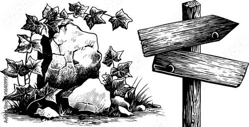 Engraved illustration set of stone marker and wooden signpost for retro design