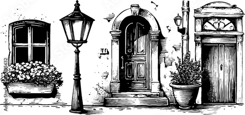 Vintage european street lanterns and architectural elements hand drawn engraving for retro design projects