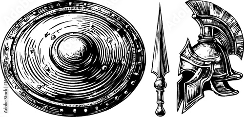 Vintage fantasy mage shield and helmet engraving for design and decoration