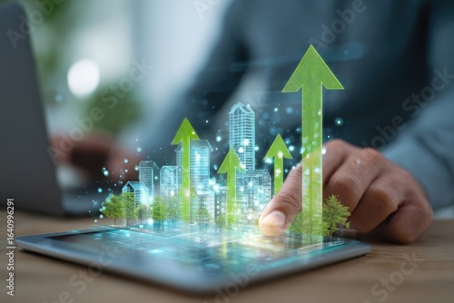Businessperson interacts with tablet, showing upward growth of sustainable urban development