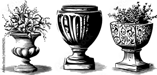 Engraved illustration set of floral pedestal vases for vintage design and decoration