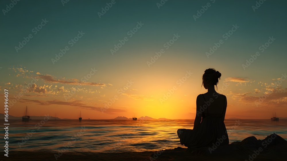 Serene Woman Enjoying a Beautiful Sunset on a Tranquil Beach Serene Woman Enjoying a Beautiful Sunset on a Tranquil Beach