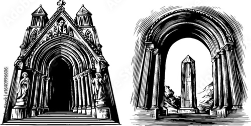 Vintage french gothic portal engravings - architectural sketch set for design projects