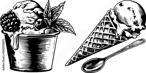 Vintage gelato and waffle cone sketch for dessert design