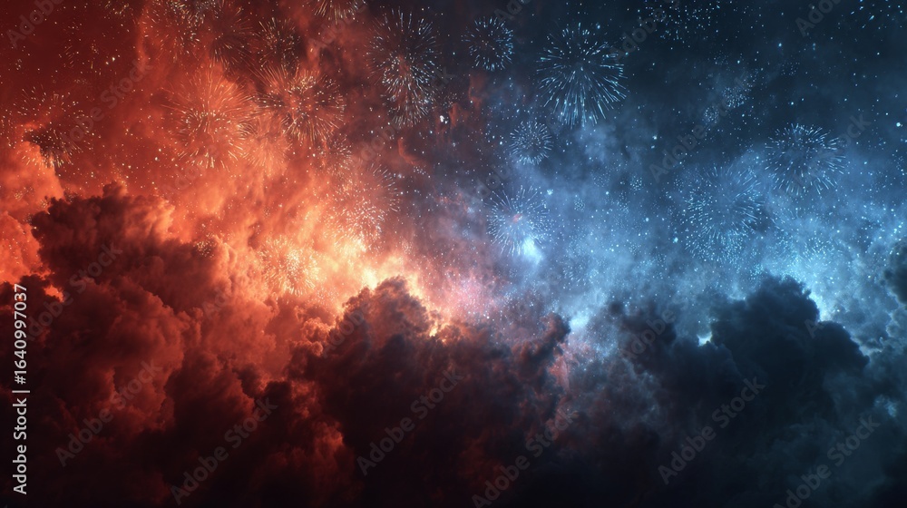 Fototapeta premium Majestic Night Sky Illuminated with Vibrant Fireworks and Dramatic Clouds in a Spectacular Celestial Display