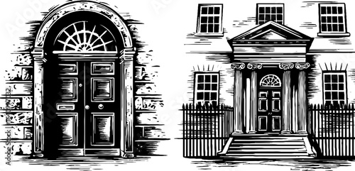 Georgian doorway engraved illustration set for architectural design and decor