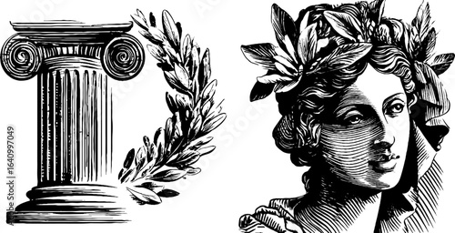 Engraved illustration set featuring goddess statue and corinthian column for design and decor