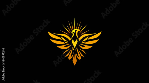 A golden phoenix emblem with outstretched wings and a radiant sunburst against a black background.