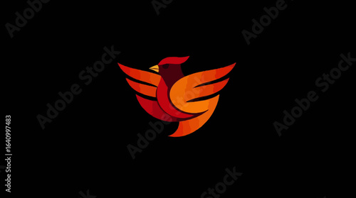 Stylized, red cardinal bird graphic design, abstract, black background.