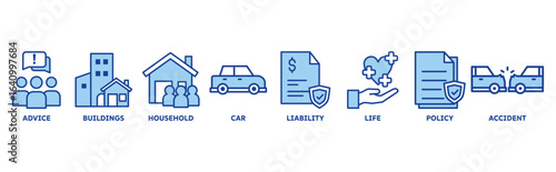 Insurance icon set illustration concept with icon of advice, buildings, household, car, liability, life, policy, accident