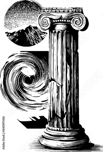 Engraved retro set of greek columns and fluid dynamics for design and decoration