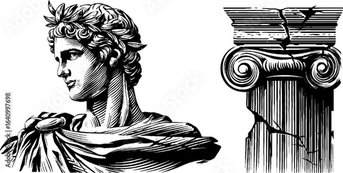 Engraved illustration set of greek marble god and classical column for retro design