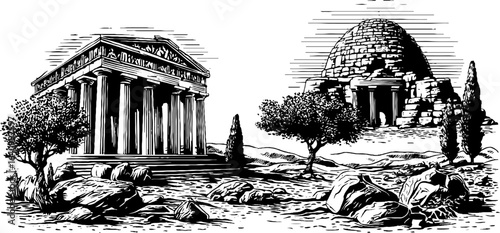 Vintage engraved illustration of greek tholos tombs and ancient architecture