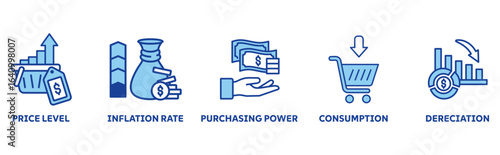 Inflation icon set illustration concept with icon of price level, inflation rate, purchasing power, consumption, derection