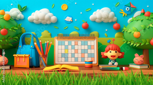 Playful 3D scene with calendar, backpack and stationery