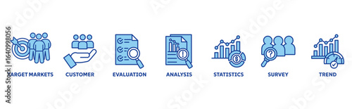 Marketing Research icon set illustration concept with icon of target marketing, customer, evaluation, analysis, statistics, survey, trend